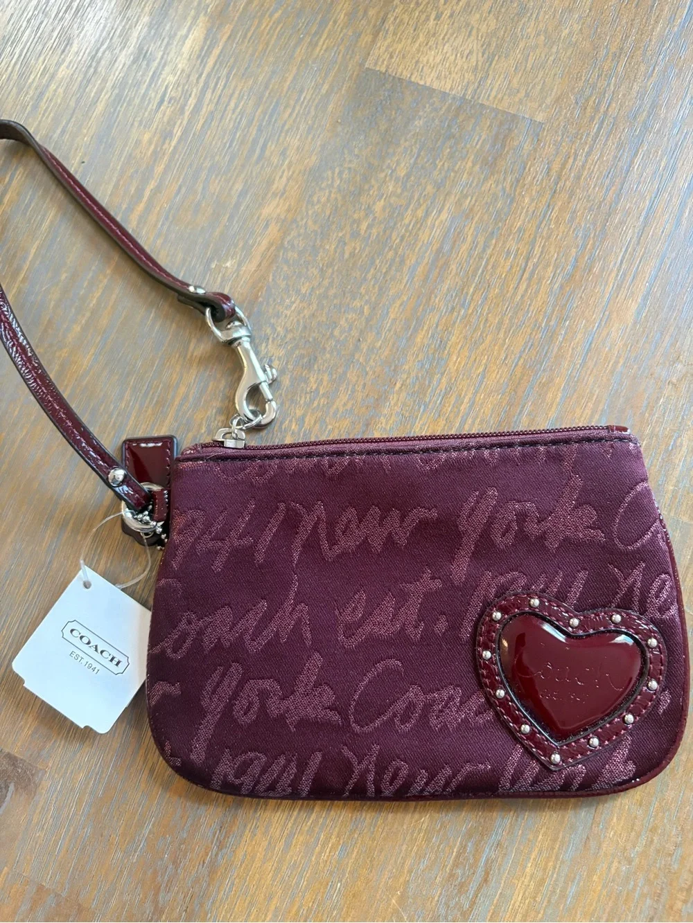 Coach Burgundy Script Heart Wristlet with Patent Heart Accent